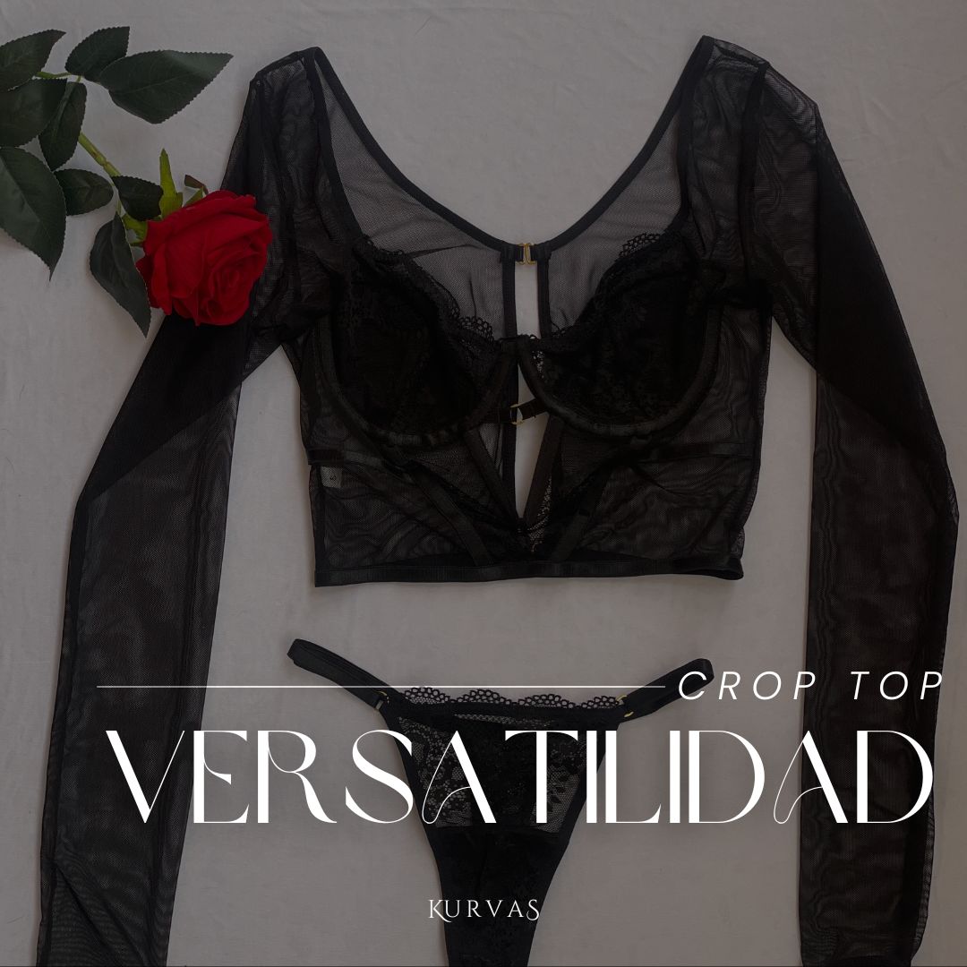 CROPTOP MANGA LARGA VARILLA EN V + TANGA - NEGRO