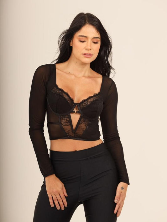 CROPTOP MANGA LARGA  VARILLA EN V + TANGA - NEGRO