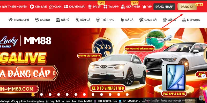 Nhấn nút đăng ký tại trang chủ MM88